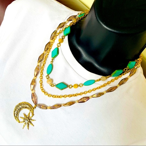 Gold tone metal chain necklace turquoise & brown beadings moon & star pendant - Picture 4 of 8